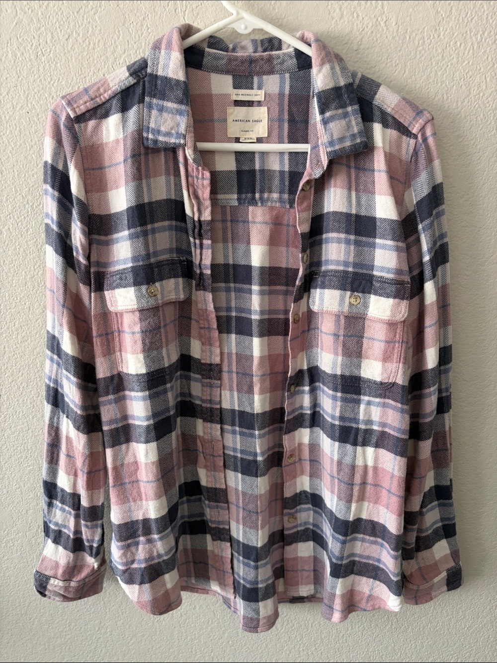 American Eagle Outfitters Pink & Navy Plaid Button-Down Ahh-mazingly Soft Shirt